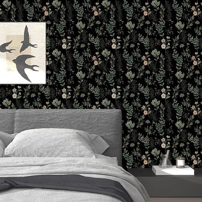 Fvlow Black Green Floral Wallpaper 17.4" x 394", Dark Green Leaf Contact Paper Peel and Stick Wallpapers Waterproof Self-Adhesive Wall Covering for Bedroom Countertop Desk Cabinets Decor