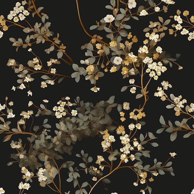 Fvlow Black Floral Wallpaper Classic Leaves Wall Paper 17.4" x 118" Dark Moody Contact Paper Vintage Chinoiserie Watercolor Self Adhesive Covering for Bedroom Bathroom Cabinet Home Decor Beige Gold