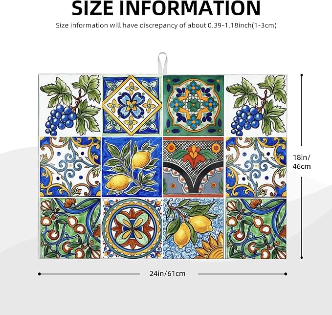 Talavera Mexican Tiles Dish Drying Mats for Kitchen Counter, Absorbent Reversible Microfiber Dish Drying Pad, Multi-Use Large Drying Mat Coffee Bar Accessories 18"x24"