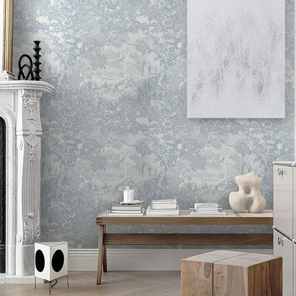 Ismoon Vintage Wallpaper Peel and Stick Blue Neutral Wallpaper 17.3in x6.56ft Forest Animals Contact Paper for Bedroom Thicken Waterproof Self-Adhesive Wall Paper Removable Renter Friendly Vinyl