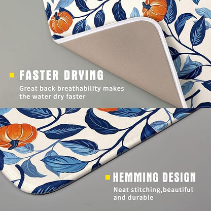 Autumn Pumpkin Dish Drying Mat for Kitchen Counter 16x18 Inch Blue and Orange Fall Thanksgiving Leaf Absorbent Reversible Microfiber Dish Drainer Rack Mats Countertops Protector Mat