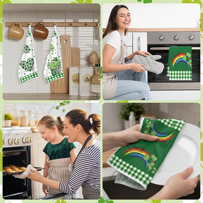 St. Patrick's Days Kitchen Towels Set of 4, Lucky Shamrock Dish Towels Gifts for Cooking Cleaning, Spring Hand Towels with Hanging Loop for Kitchen Bathroom Home Decor