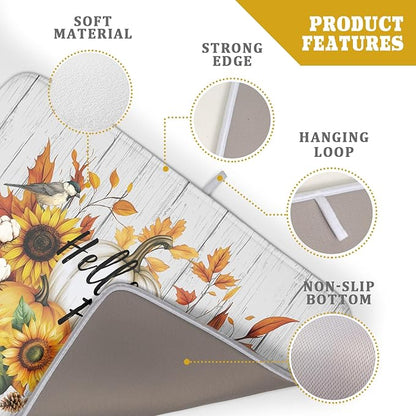 Hello Fall Sunflowers Dish Drying Mat for Kitchen Counter,Autumn Pumpkin Maple Leaves Drying Mat 18 x 24 Inch with High Absorbent Microfiber Dish Drying Drainer Mat for Coffee Bar