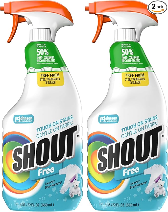 Shout Free Laundry Stain Remover Spray, Active Enzyme Formula is Fragrance, Bleach, and Dye Free, Removes Everyday Stains including Baby Stains - 22oz Spray (Pack of 2)