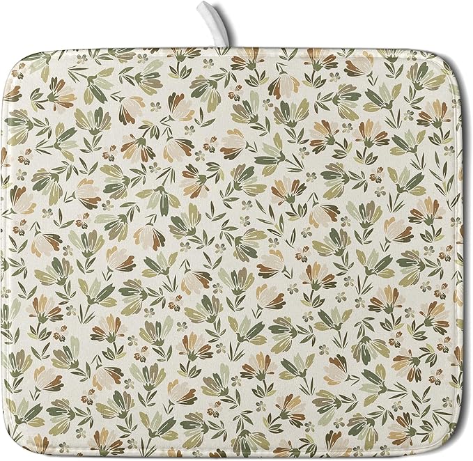 Spring Summer Daisy Floral Leaf Dish Drying Pad 16 x 18 Inch With Absorbent Reversible Microfiber Green Brown Leaves Flowers Drying Mats Dish Drainer Mat Fast Dry For Kitchen Dining Room Decoration