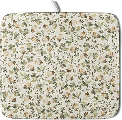 Spring Summer Daisy Floral Leaf Dish Drying Pad 16 x 18 Inch With Absorbent Reversible Microfiber Green Brown Leaves Flowers Drying Mats Dish Drainer Mat Fast Dry For Kitchen Dining Room Decoration