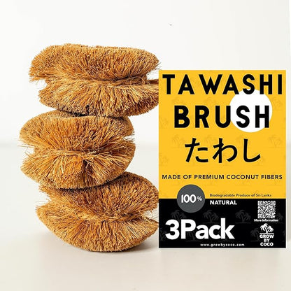 Pack of 3 Tawashi Vegetable Scrub Brush,100% Natural Coconut Coir Fiber VegetableBrush, Ideal for Fruit Scrub, Kitchen Cleaning Needs, Kamenoko Japanese Design