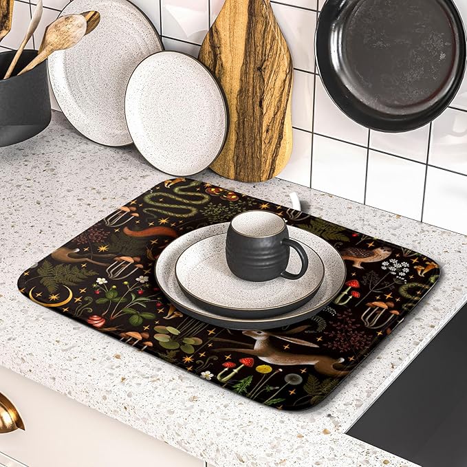 Black Mushrooms Butterfly Dish Drying Pad 16 x 18 Inch With Absorbent Reversible Microfiber Forest Wild Animals Flowers Moon Star Drying Mats Dish Drainer Mat Fast Dry For Kitchen Dining Room