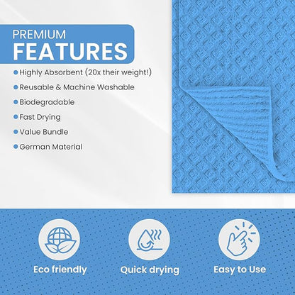 Swedish DishCloths - 10 Pack (Blue), (German Material) Reusable Cellulose Sponge Cloth for Kitchen - Household, Highly Absorbent, No-Odor Dishcloth