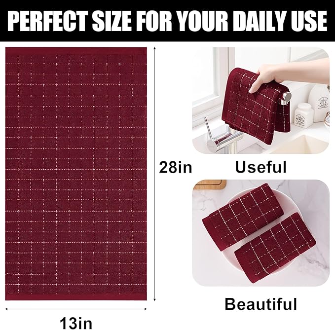 Homaxy 100% Cotton Terry Kitchen Towels(Brick Red, 13 x 28 inches), Checkered Designed, Soft and Super Absorbent Dish Towels, 6 Pack