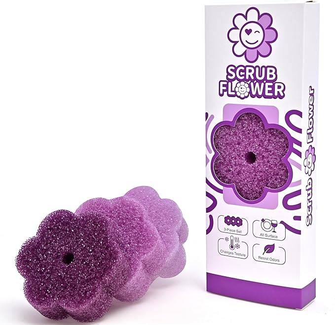 Scrub Flower Temperature Sensitive Sponges -Non-Scratch Scrubbers for Kitchen & Home - Firm in Cold & Soft in Warm Water - Odor Resistant Color-Coded Dish Sponges (Lavender Mist, 3 Count)