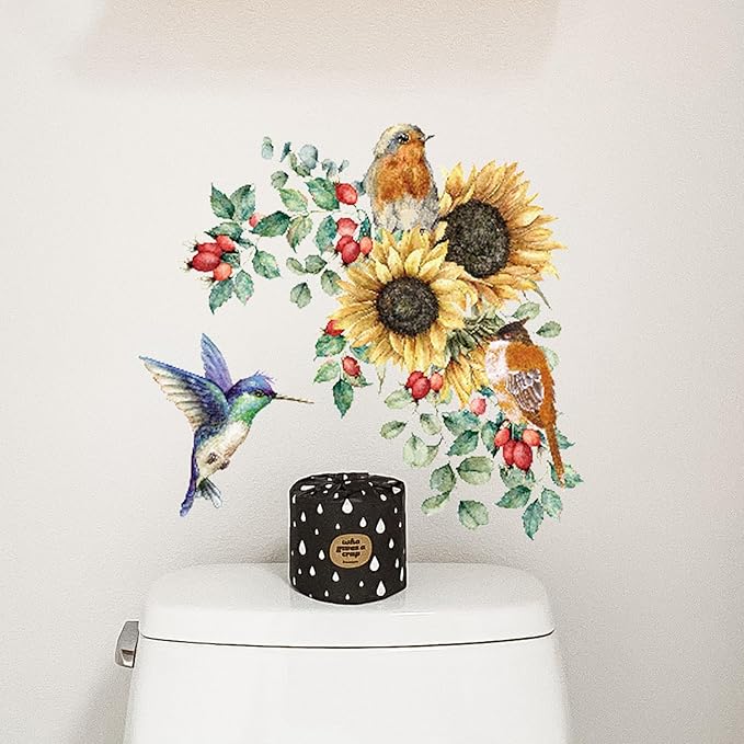 Sunflower Wall Stickers & Murals Bird Wall Decals Peel and Stick Yellow Flower Window Clings Watercolor Hummingbird Art Decor Wall Clings Kitchen Cabinet Decals for Bathroom Toilet Tank Girls Bedroom