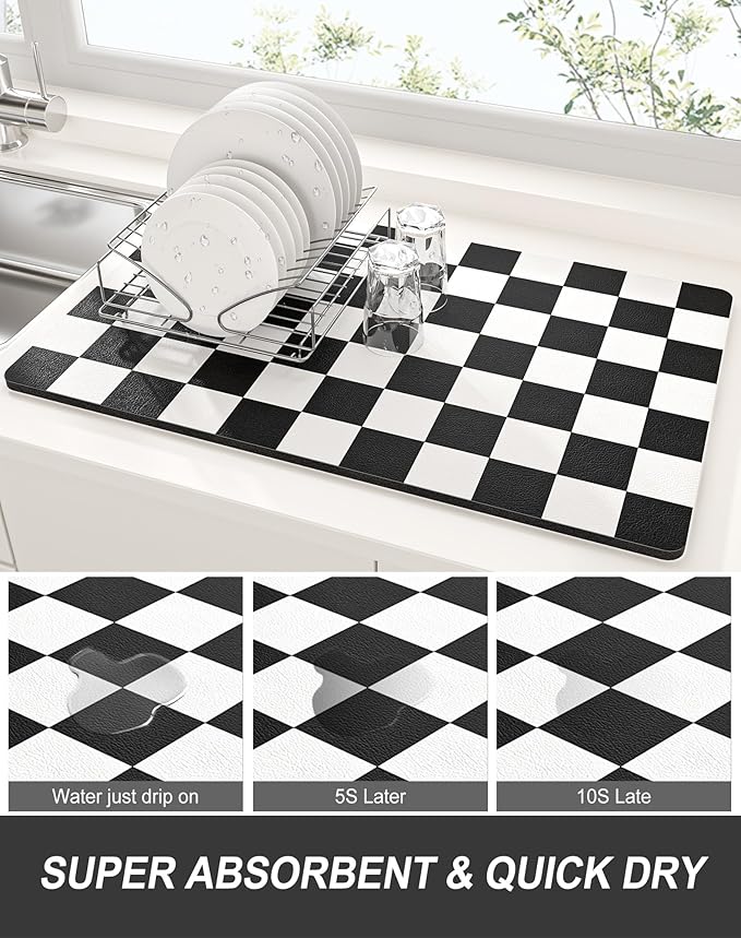 Rnivvi Dish Drying Mat for Kitchen Counter, XL 15 x 24" Cute Checkered Absorbent Draining Pad, Non-Slip Heat Resistant Coffee Bar Mat for Coffee Machine Station Accessories, Black White Dish Rack Pad