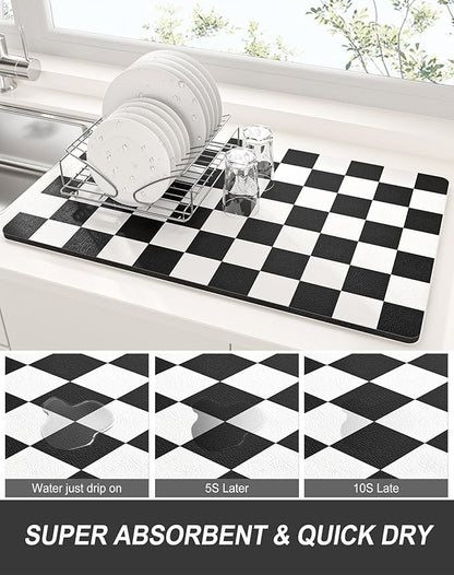 Rnivvi Dish Drying Mat for Kitchen Counter, XL 15 x 24" Cute Checkered Absorbent Draining Pad, Non-Slip Heat Resistant Coffee Bar Mat for Coffee Machine Station Accessories, Black White Dish Rack Pad