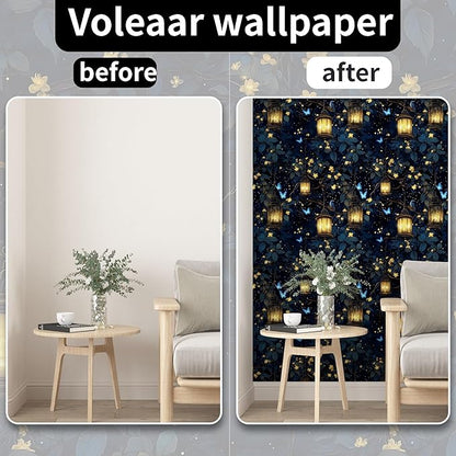 Extra Long Dark Floral Peel and Stick Wallpaper, 17.5In x 393In Fantasy Wonderland Forest Self-Adhesive Removable Wall Paper for Bedroom Cubicle Cabinet Drawer, Vinyl Contact Paper Black Blue