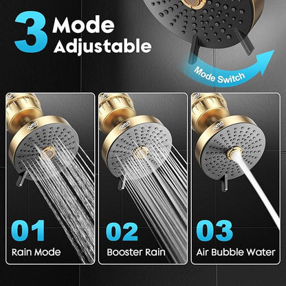 Filtered Shower Head COMBO – for Healthier Skin & Hair | 3 Mode High Pressure Shower Heads with 25-Stage Filtration | Removes 99.947% Chlorine & Heavy Metals | Shower Head ith Filters Set- Golden
