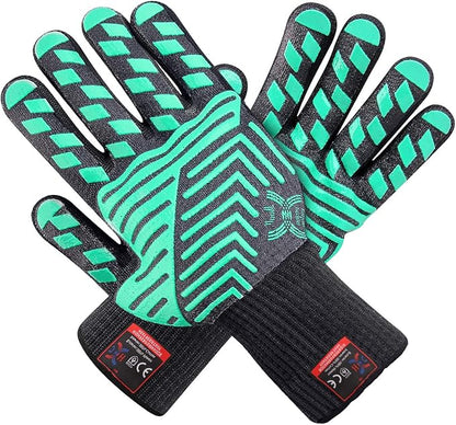 J H Heat Resistant Oven Glove:EN407 Certified 932 °F, 2 Layers Silicone Coating, Oven Mitts for Cooking, Kitchen, Fireplace,Camping, Grilling (Black/Green, Regular Cuff)