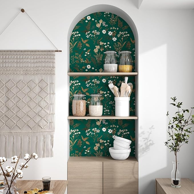 Laatse Dark Floral Wallpaper Peel and Stick 17.5in x393in Vintage Green Gold Leaf Wallpaper Vinyl Waterproof Self-Adhesive Boho Botanical Wall Paper Mural for Cabinet Bookcase Bedroom Decor