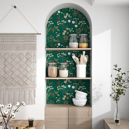 Laatse Dark Floral Wallpaper Peel and Stick 17.5in x393in Vintage Green Gold Leaf Wallpaper Vinyl Waterproof Self-Adhesive Boho Botanical Wall Paper Mural for Cabinet Bookcase Bedroom Decor