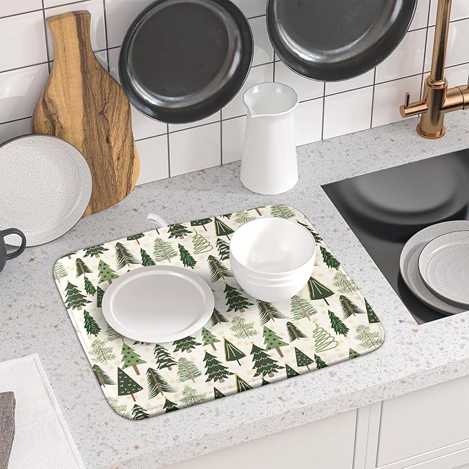 Christmas Dish Drying Mat for Kitchen Counter 16x18 Green Xmas Tree Block Print Winter Holiday Theme Absorbent Reversible Microfiber Drying Mats Kitchen Countertop Protector Dishes Drainer Pad