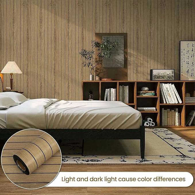 Abyssaly Peel and Stick Wall Panels, 118"x15.7" Thickened 3D PVC Wood Slat Wallpaper, Soundproof Waterproof Self-Adhesive Paneling, Wood Grain Wall Decor for Living Room Bedroom Kitchen (Brown)