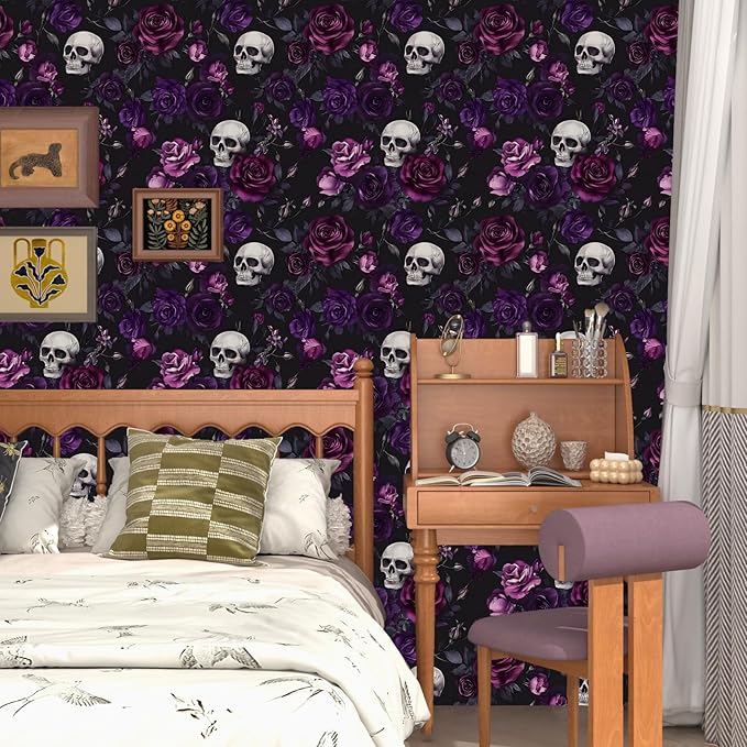 Fvlow Black Floral Wallpaper Peel and Stick 17.4" x 393" Gothic Floral Vintage Sugar Skull Contact Paper Removable Self Adhesive Waterproof Covering for Cabinet Drawers Home Decor