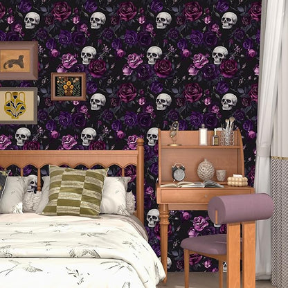 Fvlow Black Floral Wallpaper Peel and Stick 17.4" x 393" Gothic Floral Vintage Sugar Skull Contact Paper Removable Self Adhesive Waterproof Covering for Cabinet Drawers Home Decor