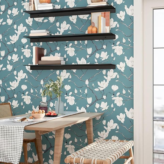 Laatse Vintage Floral Wallpaper Peel and Stick Blue Floral Contact Paper for Bedroom Waterproof Self Adhesive Boho Leaf Modern Wall Paper for Cabinets Locker Walls Bookcase Decor 17.5" X 393"