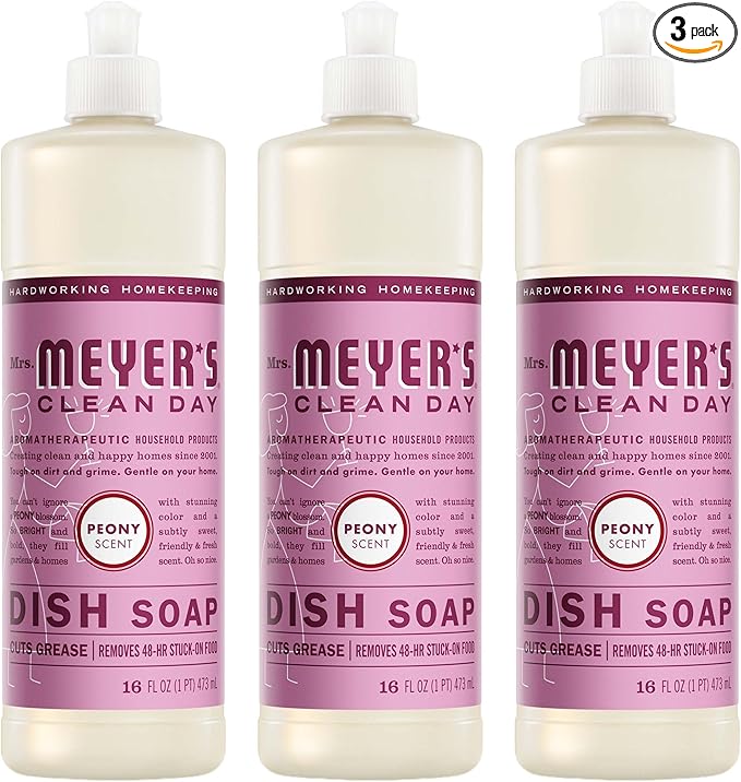 MRS. MEYER'S CLEAN DAY Liquid Dish Soap, Peony Scent, 16 Fl Oz Bottle - 3 Pack