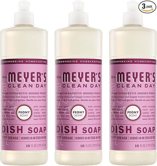 MRS. MEYER'S CLEAN DAY Liquid Dish Soap, Peony Scent, 16 Fl Oz Bottle - 3 Pack