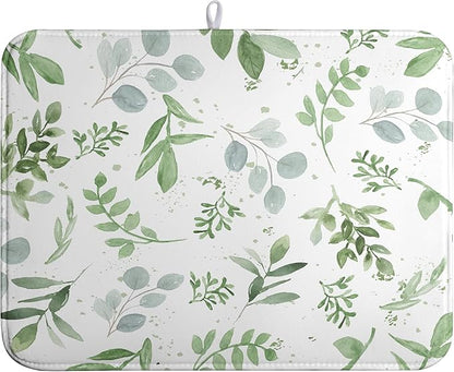 Summer Sage Green Leaves Dish Drying Mat Spring Eucalyptus Leaf Kitchen Dish Drying Pad Absorbent Dish Dryer Mat for Kitchen Countertops Microfiber Dishes Drainer Pad Dish Drying Rack Mat (18x24 in)