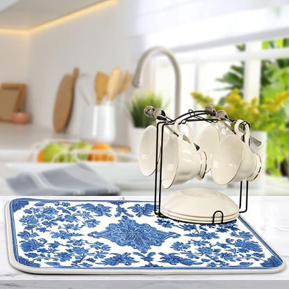 Blue White Porcelain Floral Dish Drying Mat for Kitchen Countertop 16x18 Rectangle Small Drying Mat Reusable Quick Dry Dish Sink Absorbent Mats Dishwasher Easy Clean Decorative Home Decor Essentials
