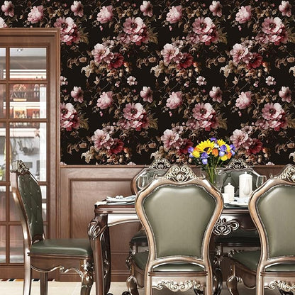 Black Floral Wallpaper Peel and Stick Pink Peony Vintage Flowers with Dark Brown Leaf Vinyl Self Adhesive Removable Contact Paper Wall Mural for Bedroom Walls Living Room Cabinets Decor 17.5" x 118"