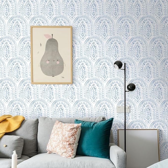 EeeComing Blue Peel and Stick Wallpaper Boho Wall Paper Peel and Stick Modern Contact Paper Self Adhesive Wallpaper for Bedroom and Bathroom Wallpaper Removable Cabinet Shelf Liner Vinyl 17.3”X197”