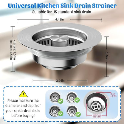 NinjaTiger Kitchen Sink Drain Strainer - Stainless Steel Sink Stopper 3-in-1 Pop-Up Sink Strainer with Anti-Clogging Basket Odor Filter Sink Drain Cover Plug for US Standard 3-1/2'' | Silver-1 Pack