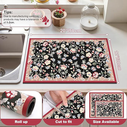 LOKHOM Floral Dish Drying Mat, 12"x20" Super Absorbent Non-slip Bordered Coffee Mat with Oil Painting Black Floral, Cuttable Hide Stain Drying Mat for Kitchen Counter Coffee Maker Espresso Machine