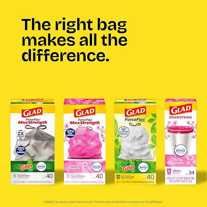 Glad ForceFlex Tall Kitchen Trash Bags, 13 Gallon, Gain Lavender, 140 Count (Package May Vary)