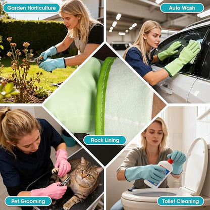 Household Gloves Waterproof with Flock Lining for Dishwashing Cleaning Reusable No-slip for Kitchen & Bathroom 3 Pairs Medium Blue+Green+Pink