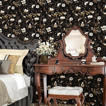 Fvlow Vintage Wallpaper Peel and Stick Black Floral Wallpaper Black White Wall Paper Vintage Leaf Contact Paper Waterproof Self-Adhesive Wall Covering for Bedroom Countertop Desk Cabinet 17.4" x 393"