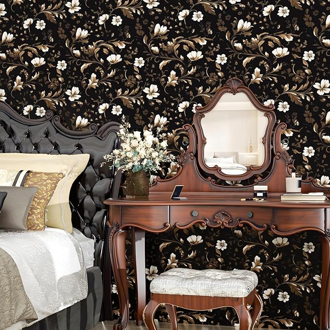 Fvlow Vintage Wallpaper Peel and Stick Black Floral Wallpaper Black White Wall Paper Gold Leaf Contact Paper Waterproof Self-Adhesive Wall Covering for Bathroom Countertop Desk Cabinet 17.4" x 118"