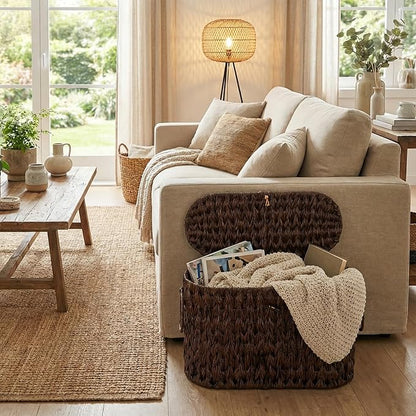 Toilet Paper Basket with Lid, Water Hyacinth Wicker Basket for Bathroom Organizers and Storage, Holds Up to 6 Mega Rolls, Decorative Hand-Woven Rattan Bathroom Decor Accessories, Brown