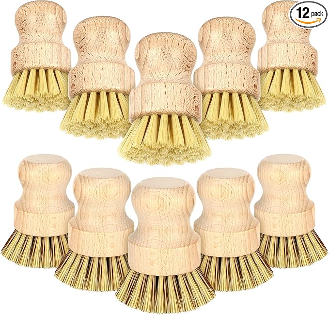 12 Pcs Bamboo Dish Brush, Wooden Scrubber Sisal Bristle Kitchen Wood Brushes for Cleaning Mini Dish Scrubber for Food Pan Pot Sink Fruit and Vegetable Wash