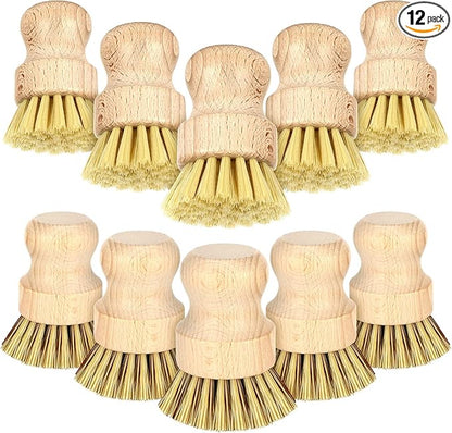 12 Pcs Bamboo Dish Brush, Wooden Scrubber Sisal Bristle Kitchen Wood Brushes for Cleaning Mini Dish Scrubber for Food Pan Pot Sink Fruit and Vegetable Wash