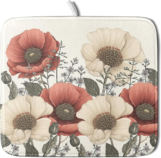 Floral Dish Drying Mat for Kitchen Counter 18x16 Inch Beige Pink Big Flower Drying Mat with Absorbent Reversible Microfiber Season Spring Dish Drainer Mats Rack Pad for Coffee Countertop Protector