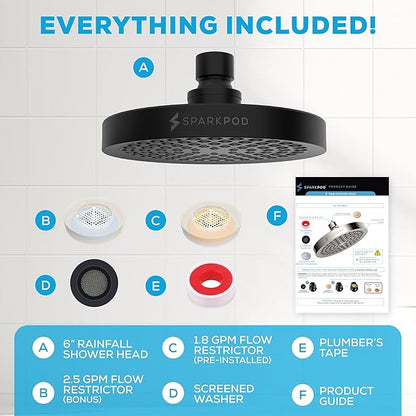 SparkPod Shower Head - High Pressure Rain - Premium Quality Luxury Design - Easy Clean Adjustable Replacement for Your Bathroom Shower Heads (Midnight Black Matte, 6 Inch Round)