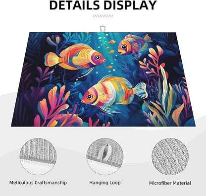 Colorful Fishes Ocean Dish Drying Mats for Kitchen Counter, Absorbent Reversible Microfiber Dish Drying Pad, Multi-Use Large Drying Mat Coffee Bar Accessories 18"x24"