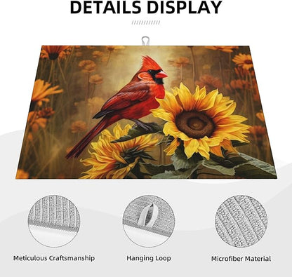 Red Bird Sunflower Dish Drying Mats for Kitchen Counter, Absorbent Reversible Microfiber Dish Drying Pad, Multi-Use Large Drying Mat Coffee Bar Accessories 18"x24"
