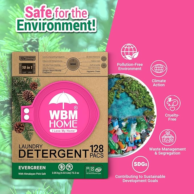 WBM Laundry Detergent Pods - Ultra-Concentrated, Hypoallergenic, Stain-Fighting, Evergreen Scent, 128-Pack, Recyclable Packaging for Eco-Friendly Cleaning