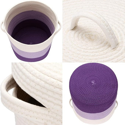 Sea Team Large Size Cotton Rope Woven Storage Basket with Lid, Lidded Laundry Hamper with Handles, Fabric Bucket with Cover, Clothes Toys Organizer for Kid's Room, 16 x 20 inches, White & Lavender