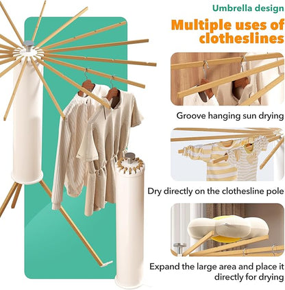 Tripod Clothes Drying Rack, Laundry Drying Rack for Clothing, Foldable Collapsible Space-Saving Umbrella Dryer with 16 Rods, Floor Standing Rack for Indoor Outdoor Use, Wooden